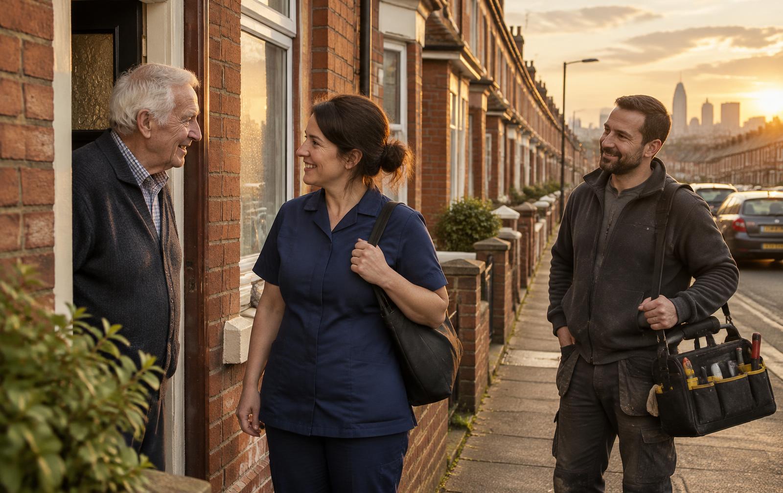 A carer and a tradesman visiting a home on a Birmingham terraced street